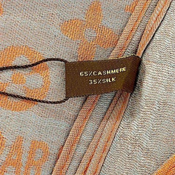 L V Monogram Grey Blue Salmon Cashmere Silk Blend Chale Stole Shawl Wrap Scarf. - Picture 6 of 6